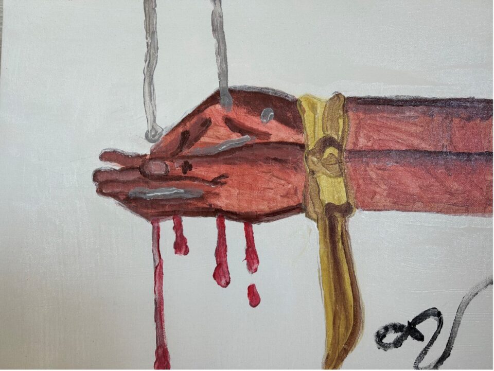 Le mani che si lavano così di frequente da arrivare a sanguinare, vogliono rappresentare il DOC (disturbo ossessivo compulsivo) nel quale la presenza di ossessioni spingono il soggetto ad azioni ripetute come il lavarsi le mani. “Fino allo sfinimento. Di una carezza tormento…Aiutami a proteggerti”